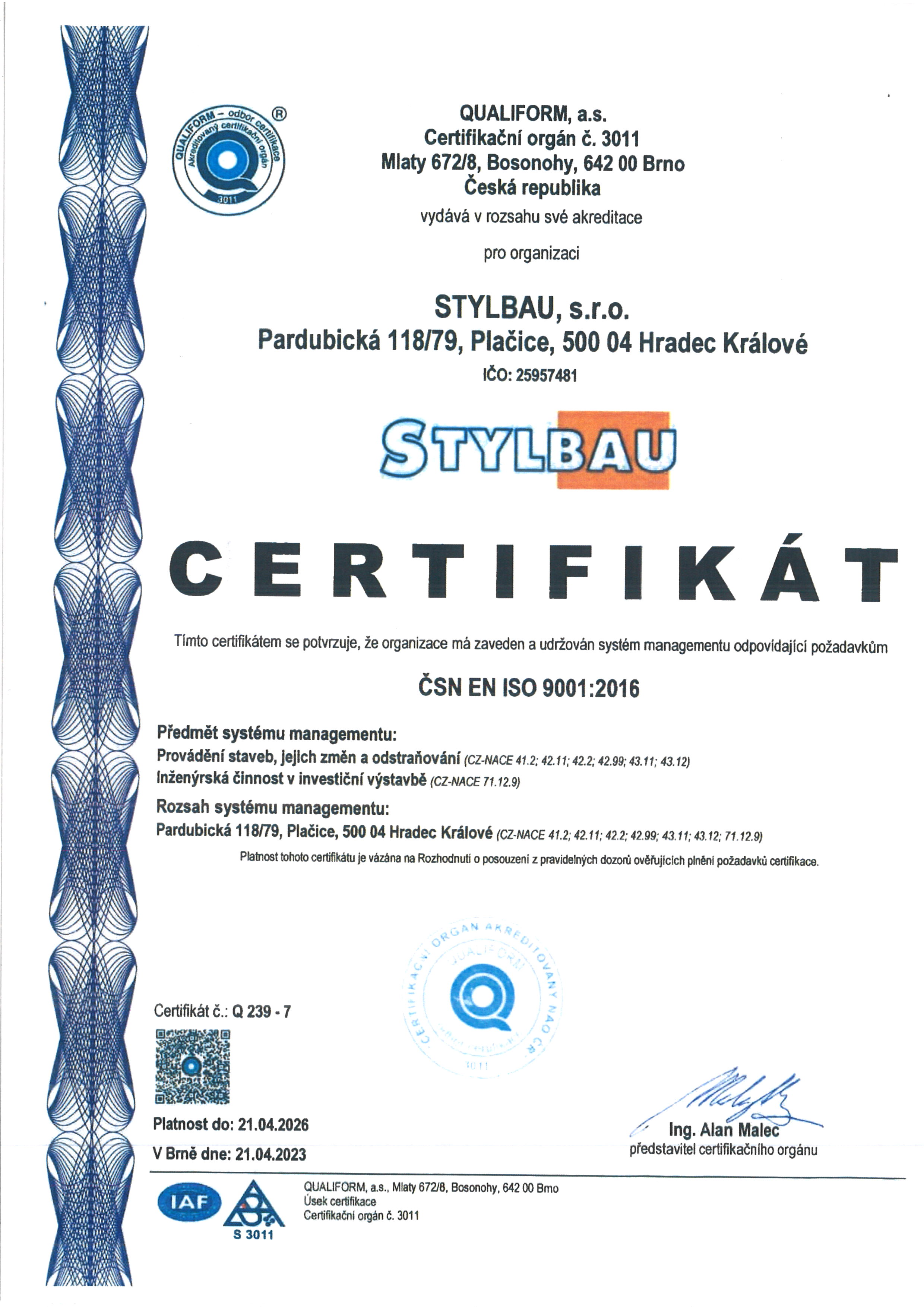 Certifikát dle ČSN EN ISO 9001:2016